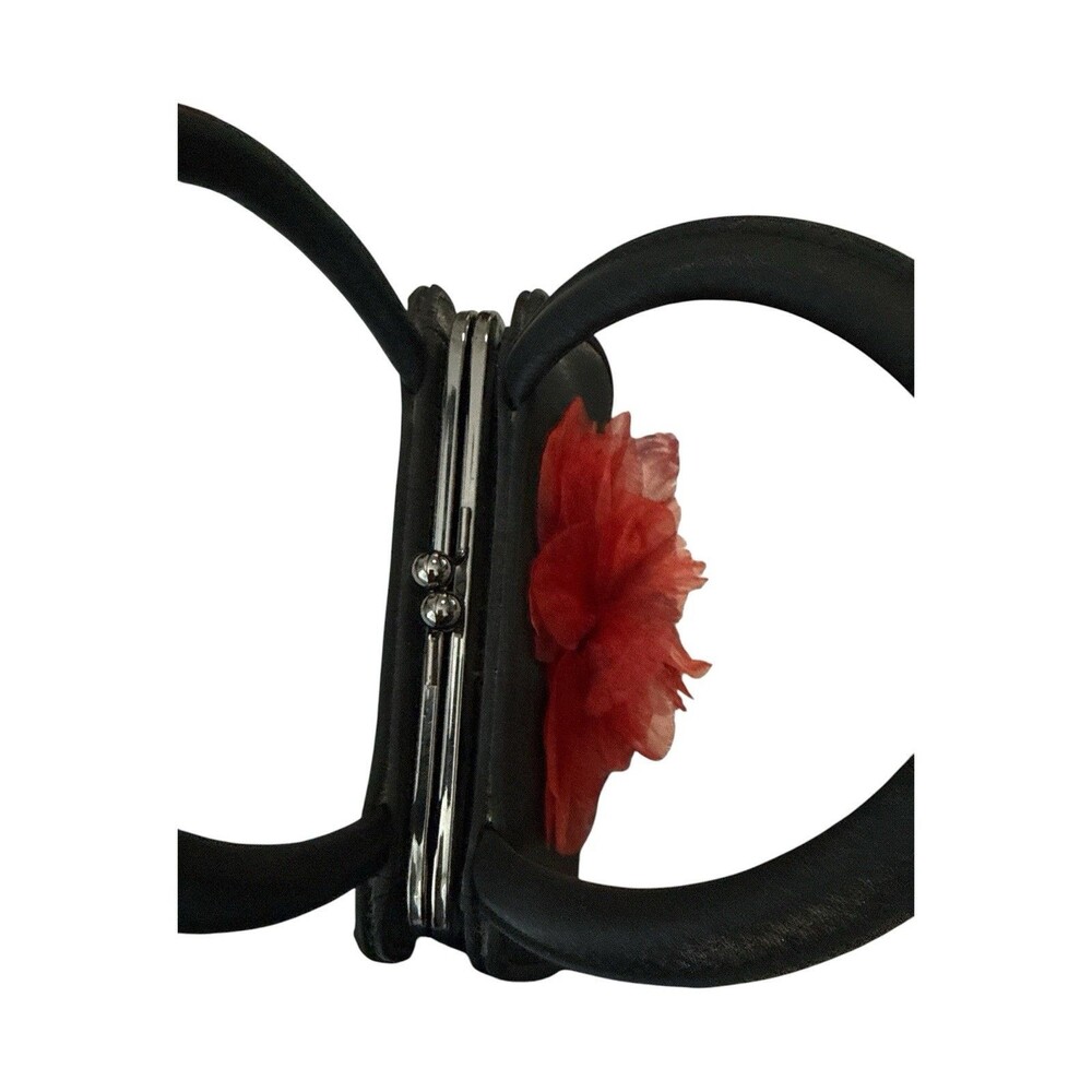 Julie Feldman Black Satin Evening Bag Red Floral Kiss Lock Chain Strap - Picture 8 of 9